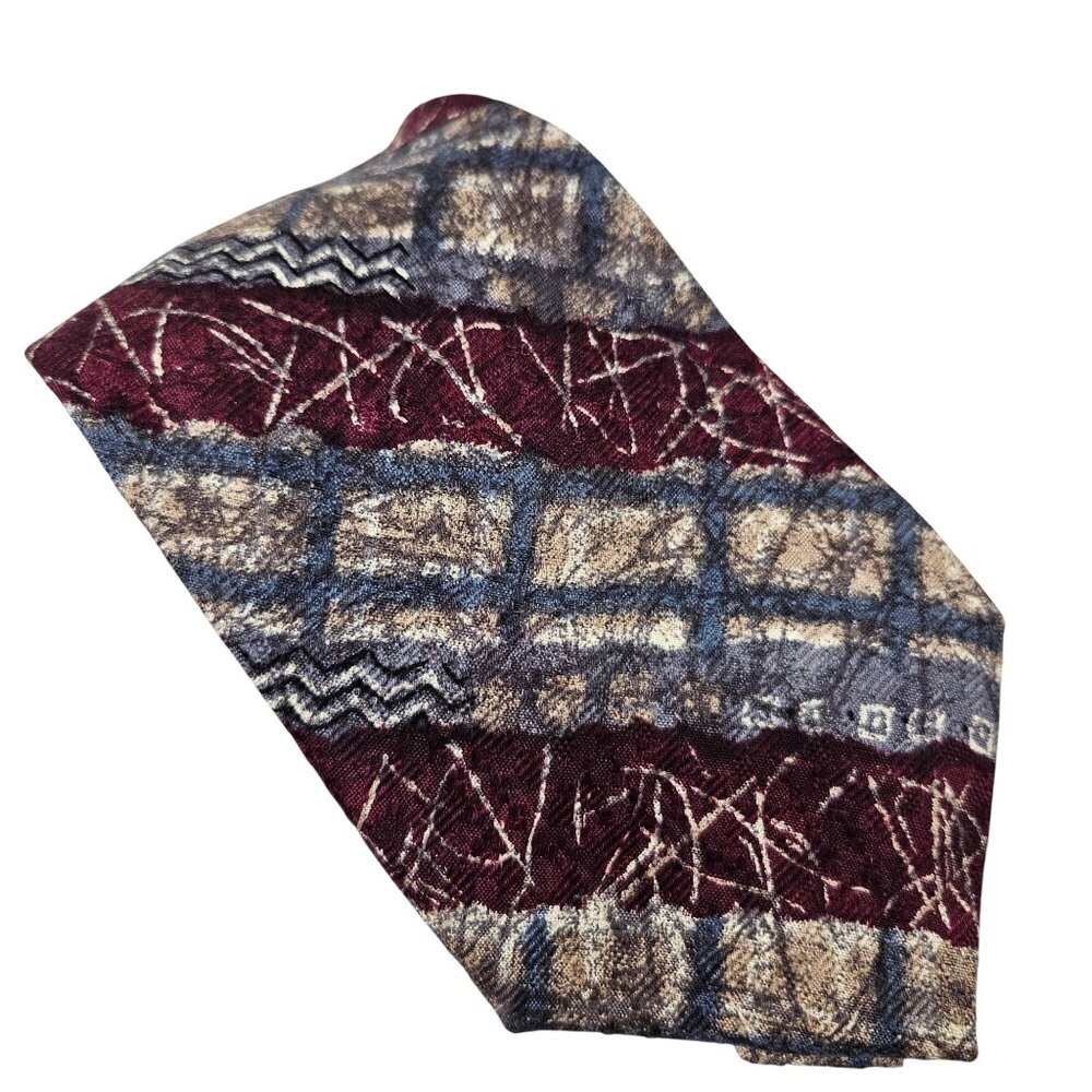 Brandini Le Collezioni Mens Silk Tie Maroon Blue Tan Geometric Business Dress